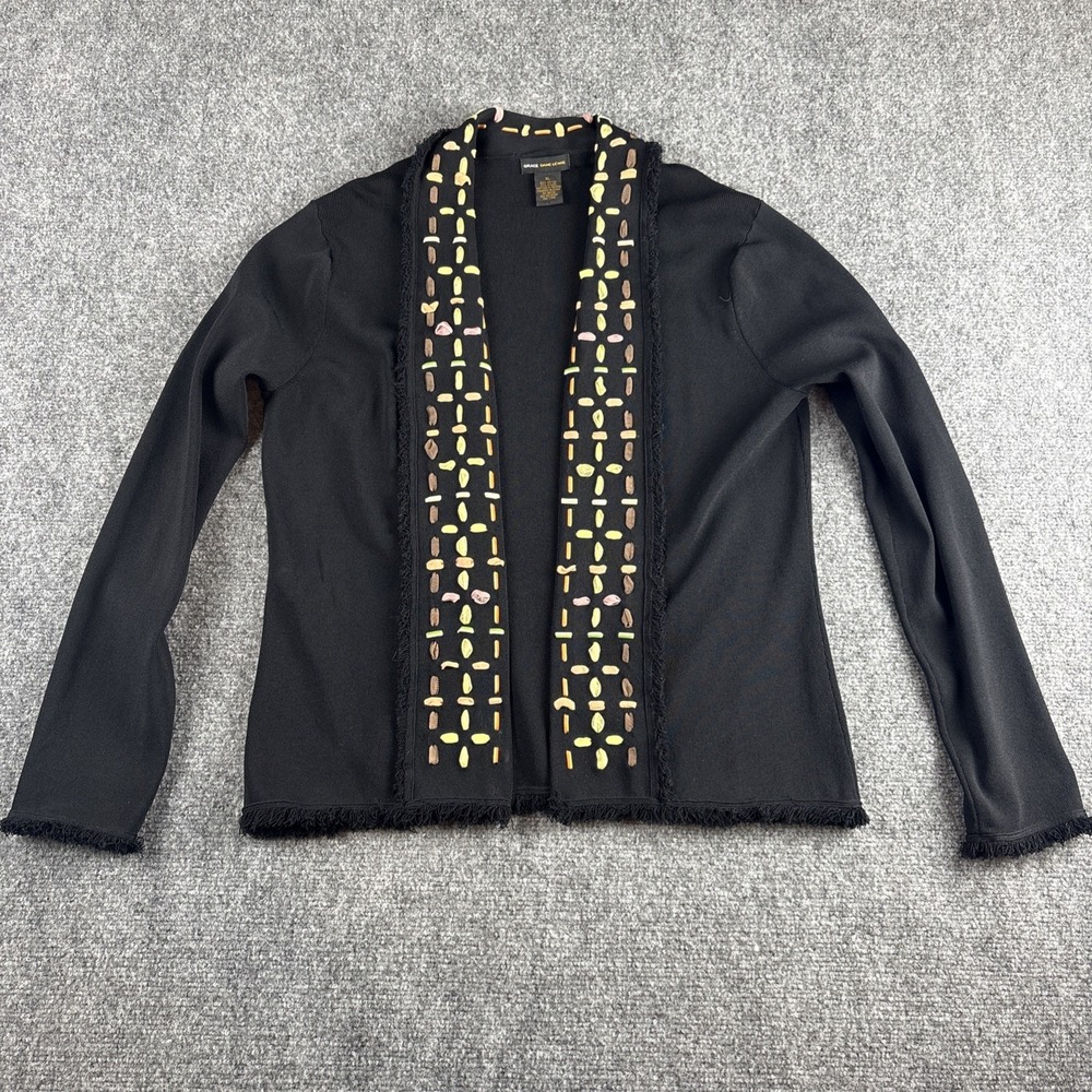 Grace Dane Lewis Black Knit Open Front Cardigan Jacket Beaded Ribbon Fringe XL